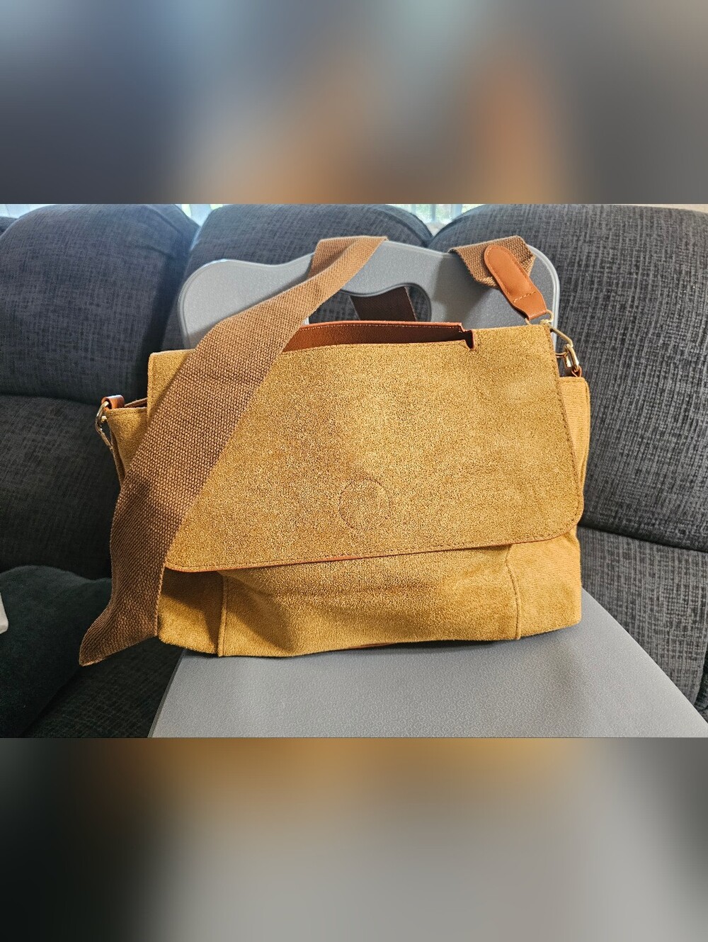 Suede Messenger Bag in Mustard with Wide Woven Strap